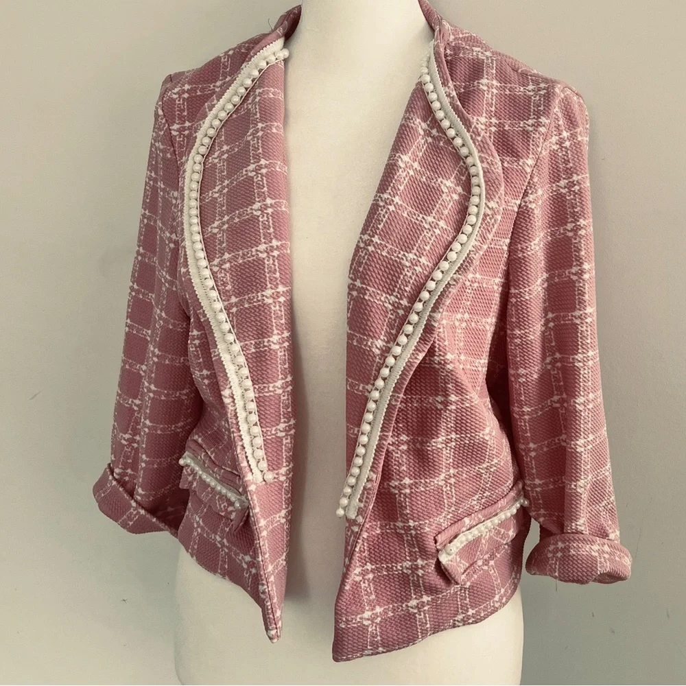 Maya Brooke Pink and White Blazer with Pearl Trim Size 12 - Picture 3 of 12